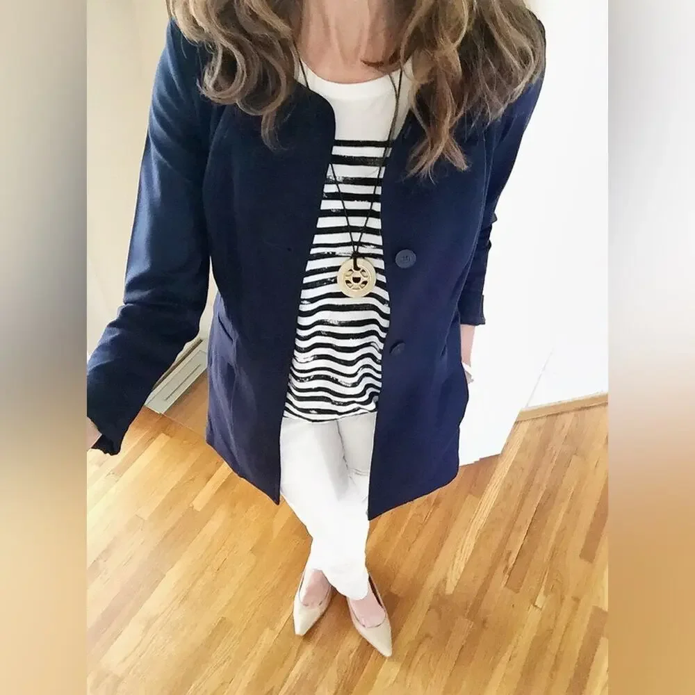 CABi Lido Thick Ponte Knit Longline Button Front Cardigan Navy‎ BlazerJacket sm